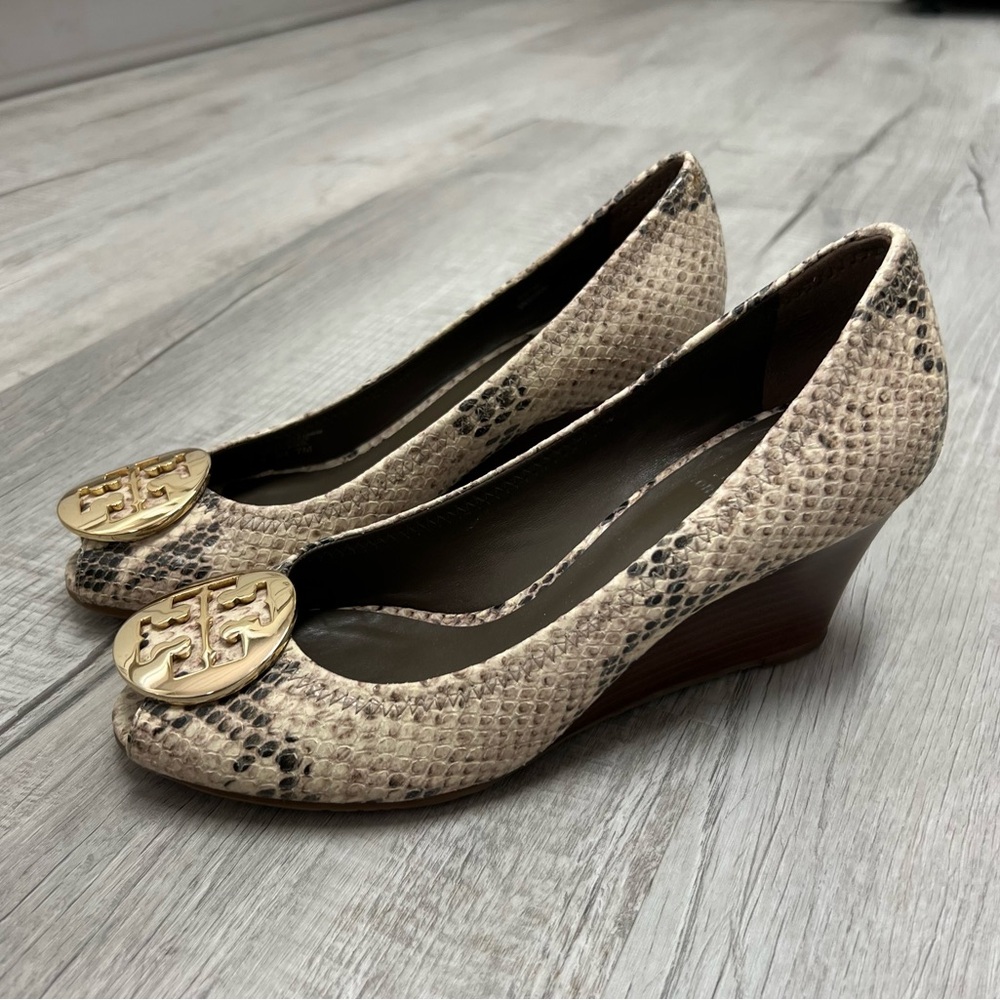 Tory Burch Python Embossed Leather Peep-Toe Wedge… - image 2